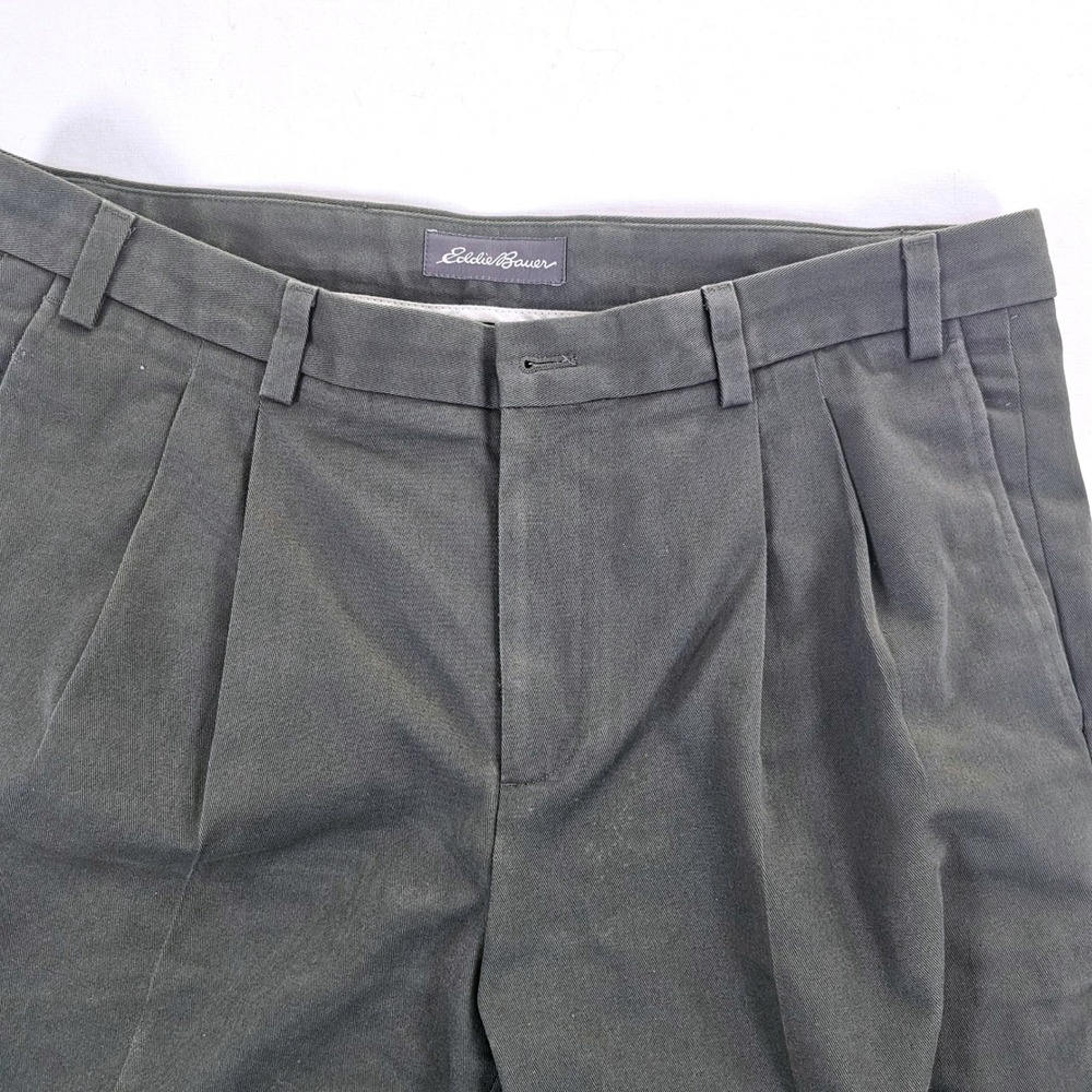 Eddie Bauer Mens 36 Pleated Chinos Olive Green Cotton Twill Cuffed Pants 36x28.5